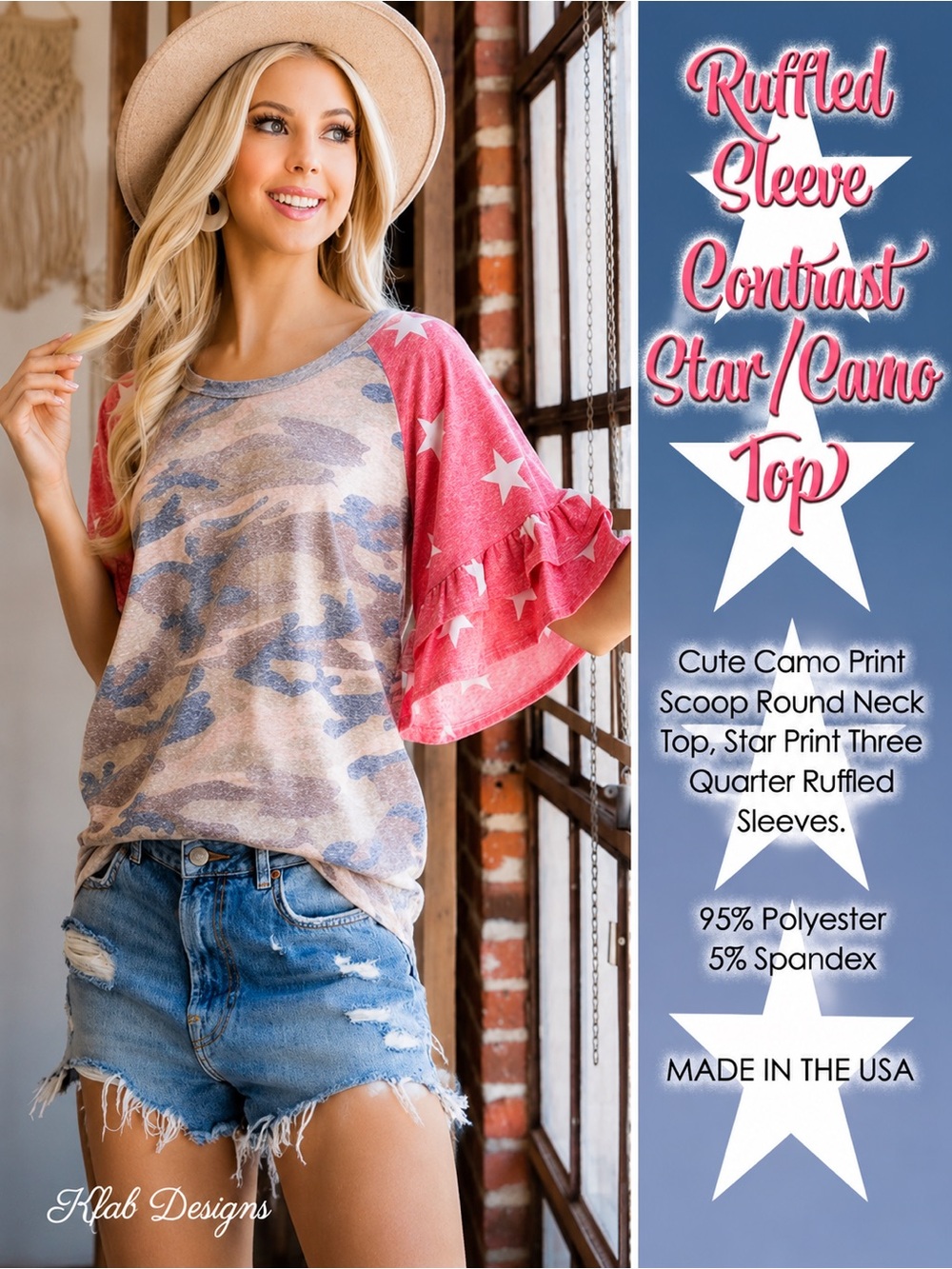 Ruffled Sleeve Contrast Star/Camo Top NEW